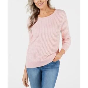 Karen Scott Petite Cable-Knit Scoop-Neck Sweater KS Tea Rose Nep PM